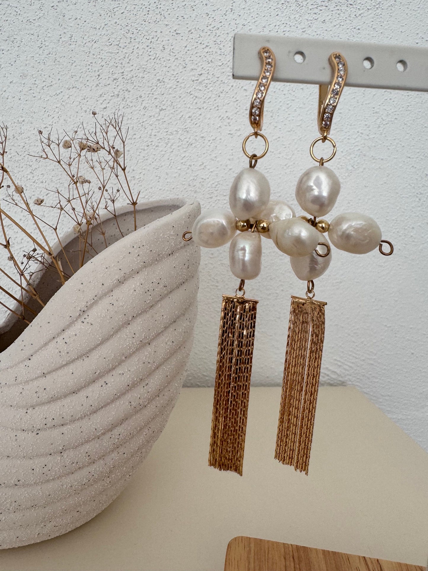 XL Ohrringe aus 18k Gold & Süsswasserperlen mit Quasten I nickelfrei und wasserfest